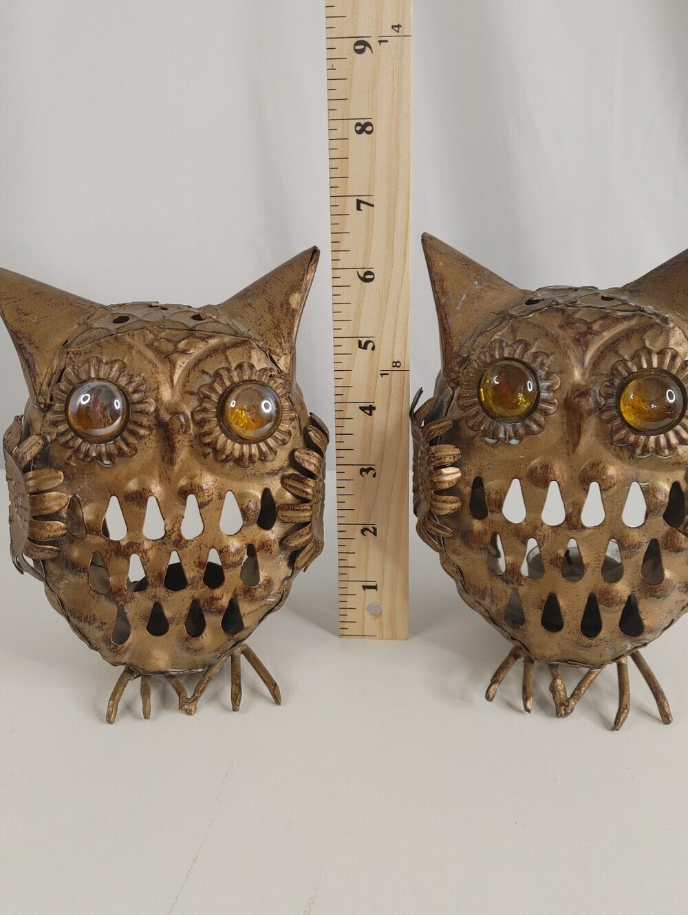 Vintage Metal Owl Tealight Candle Holders Pair 1970s Amber Glass Eyes 5.5" Retro - Picture 8 of 9